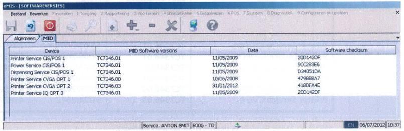 софтвера се приказује из менија emis Window "8-Diagnostics" опција 2-Software Versions". Отвориће се прозор сличан приказаном.