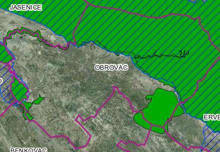 Slika 1-31 - Područja ekološke mreže Natura 2000 na području Grada Obrovca - područja očuvanja značajna za vrste i stanišne tipove (označeno zeleno) i područja očuvanja značajna