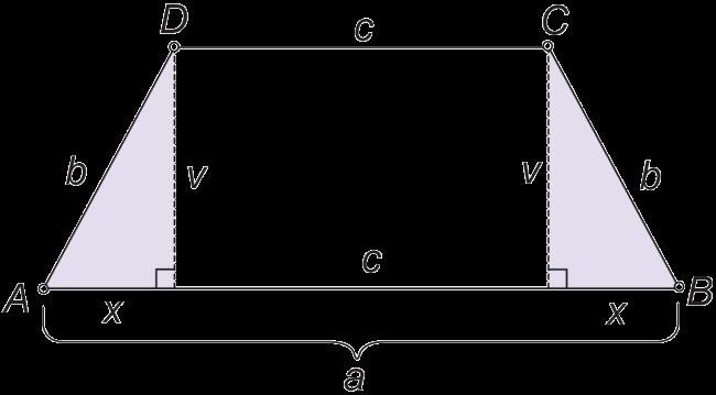 jednakokračni trapez Kod primjene Pitagorinog poučka na jednakokračni trapez uzimamo da je hipotenuza pravokutnog trokuta krak b, dok je jedna kateta visina v