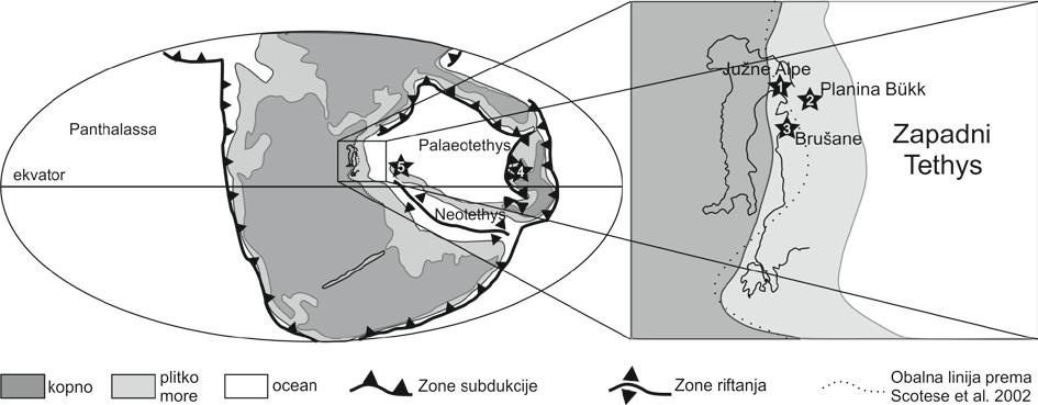 Slika 4.1: Pozicija Tethys oceana pred kraj perma. 1: Južne Alpe; 2: Planina Bükk; 3: Brušane; 4: Meishan; 5: Vedi (modificirano prema Scotese et al., 2002).