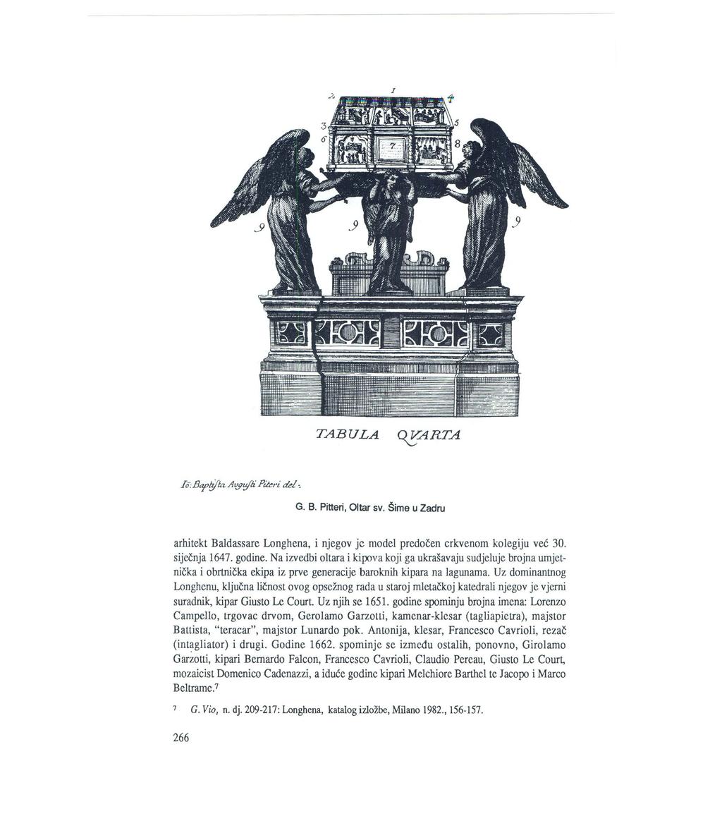 TABULA Qf:ARTA Io-, B"f!ifta Al?9'.!fli Piter i del~ G. B. Pitteri, Oltar sv. Šime u Zadru arhitekt Baldassare Longhena, i njegov je model predočen crkvenom kolegiju već 30. siječnja 1647. godine.