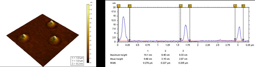 а) б) Слика 4.2. AFM микрографије PRO-MLV узорка а)3d топографија б) пречник и висина липозома а) б) Слика 4.3. AFM микрографије PRO-MLV-RSV узорка а) 3D топографија б) пречник и висина липозома 4.1.