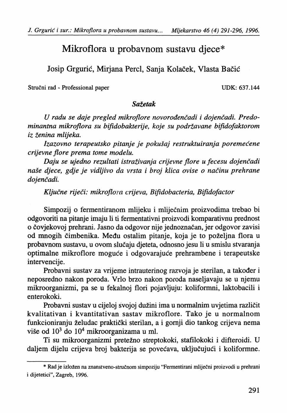 J. Grgurič i sur.: Mikroflora u probavnom sustavu... Mljekarstvo 46 (4) 291-296, 1996.