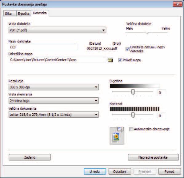 Kako skenirati na računalo 5 Odaberite pločicu Datoteka. Možete promijeniti zadane postavke. 1 2 3 4 5 6 1 U padajućem popisu Vrsta datoteka odaberite PDF (*.pdf).