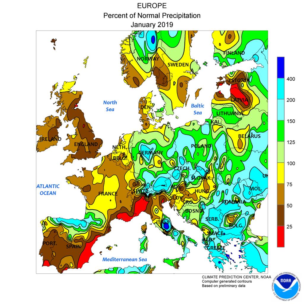 Са слике одступања падавина од просека за целу Европу може се видети да је у Србији, на југу и истоку Балкана, као и у