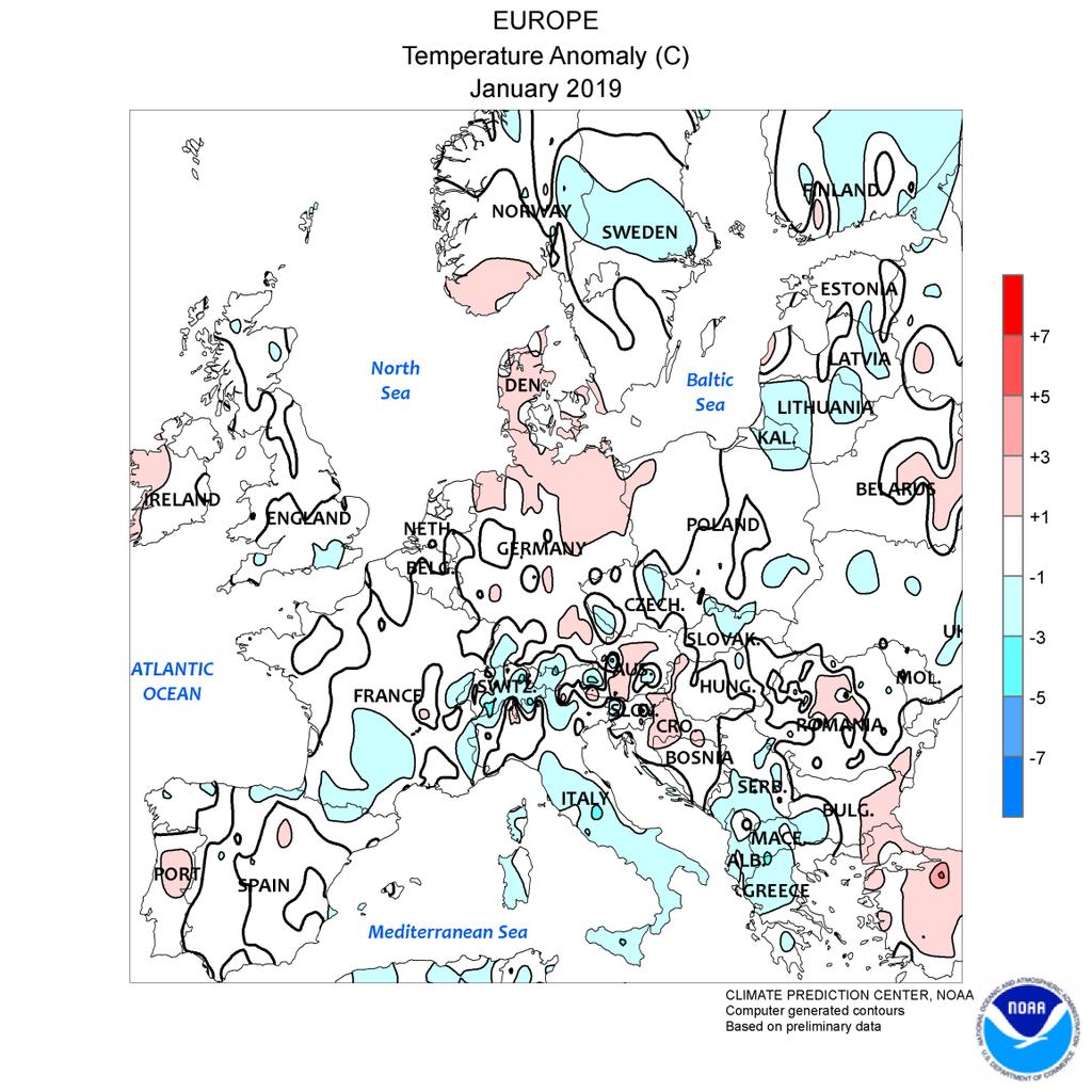 Са слике одступања средње месечне температуре од просека за Европу нема значајних екстрема.