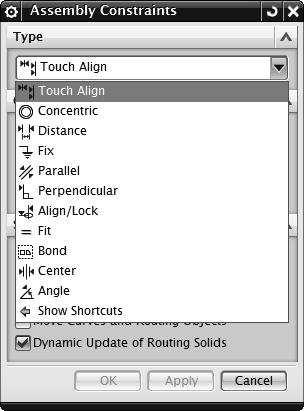 Figure 21: Siemens NX Assembly Constraints menu There are eleven types of constraints in Siemens NX (Figure 21).