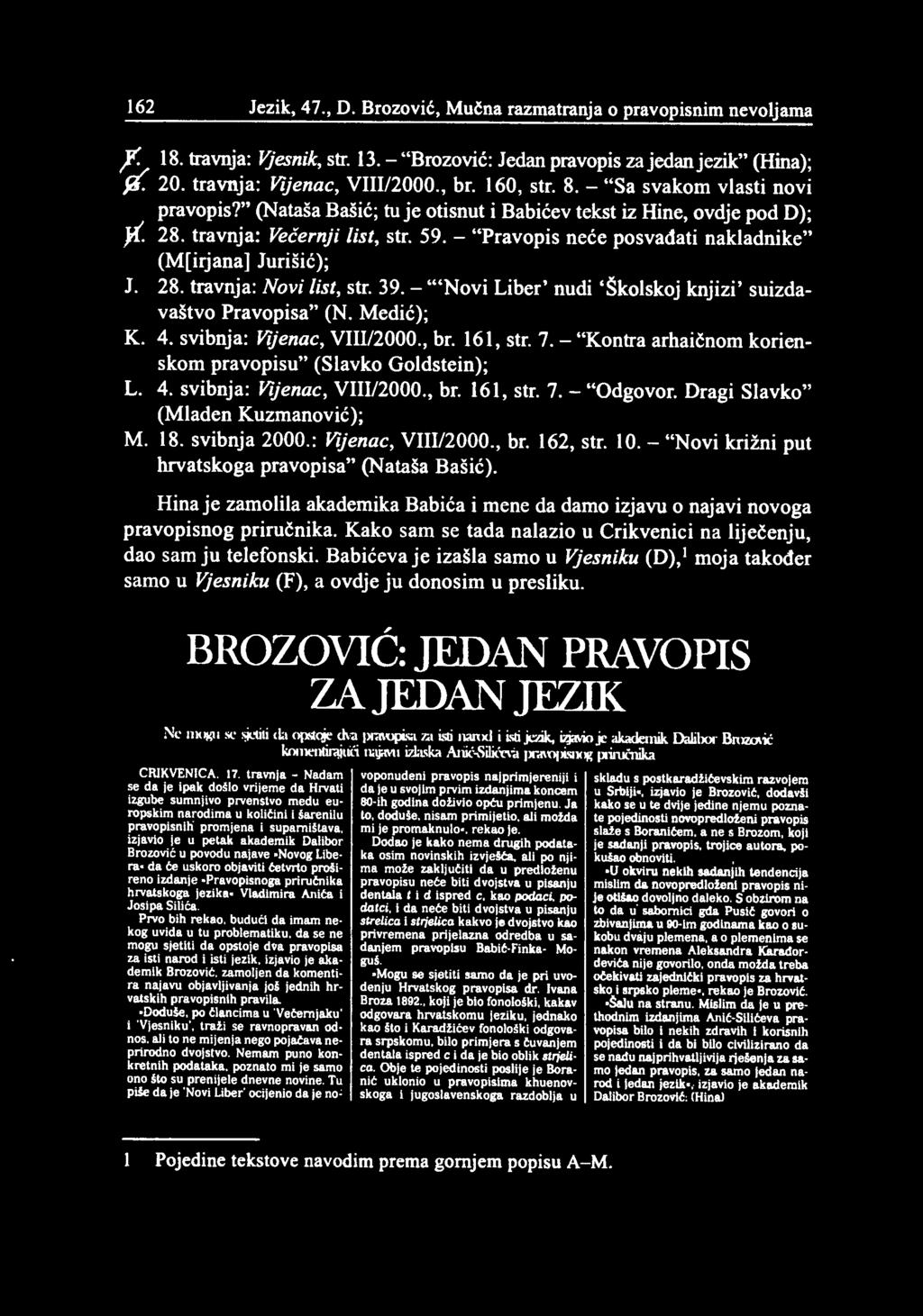 Dragi Slavko" (Mladen Kuzmanović); M. 18. svibnja 2000.: Vijenac, VIII/2000., br. 162, str. 10.- "Novi križni put hrvatskoga pravopisa" (Nataša Bašić).