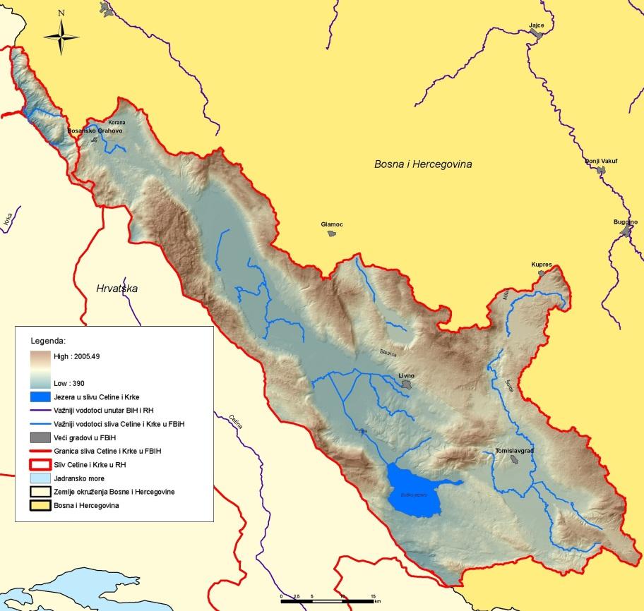 Opis riječnog bazena Cjelokupni riječni bazen vodotoka Cetina i Krka obuhvata dio kopnenog teritorija dvije države: Republike Hrvatske i Bosne i Hercegovine Riječni bazen je geografski lociran na