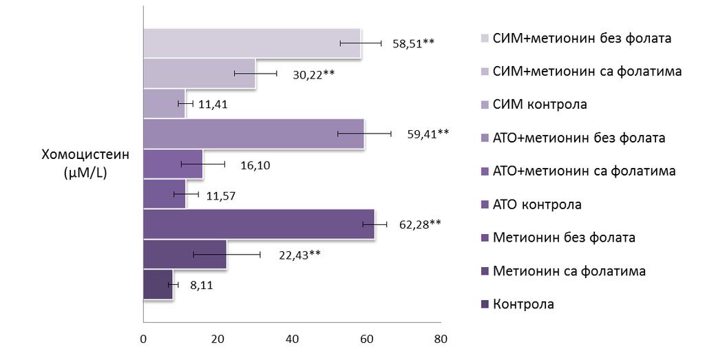 односно умерена хиперхомоцистеинемија 15-31 μm/l (метионин са фолатима, АТО+метионин са фолатима и СИМ-метионин са фолатима) и групе са врло високим вредностима хомоцистеина изнад 32 μm/l, односно