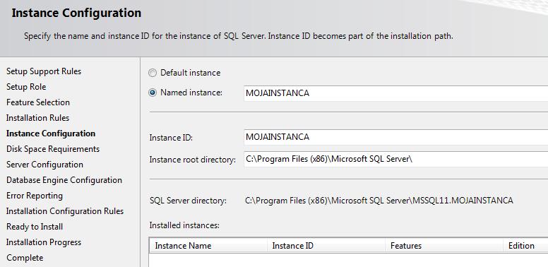 Slika 1.4.5. Konfiguracija instance U narednom koraku instalacije potrebno je konfigurirati novu instancu (Slika 1.4.5).