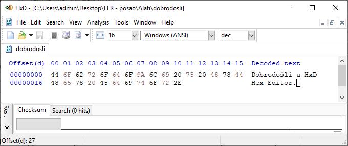 3.2 Pregledavanje datoteka Slika 3.1.7. Odabir dekadskog prikaza odmaka Datoteku je u HxD-u moguće otvoriti na dva načina: 1. Kroz izbornik File Open 2. Povlačenjem i ispuštanjem (engl.