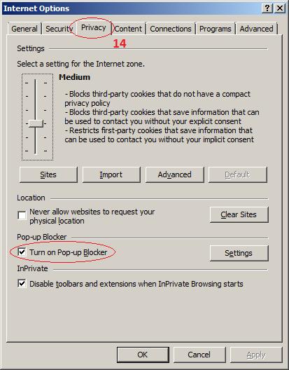 Ako je opcija "Turn on popup blocker" uključena i omogućen je gumb "Settings", kliknuti na "Settings" (15) te omogućiti popup