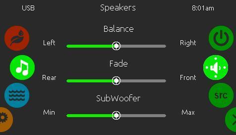Postavke zvučnika (Speakers settings) Pomaknite klizače kako biste podesili Balans, Fader i Subwoofer postavke.