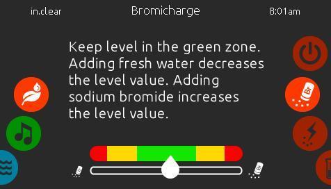 Korak 1/ Uključeno Korak 2 / Isključeno Isključeno (crveno) (žuto) (zeleno) Bromicharge stupanj Bromicharge stranica omogućuje vam da vidite trenutni stupanj Natrijevog bromida u vodi.