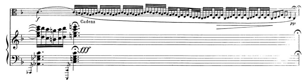 stavka, nastup teme u dionici viole Klavir nakratko preuzima temu, ali se vrlo brzo povlači u pratnju s treperavim tridesetdruginkama dok viola sve snažnije gradi temu do kadence u C - duru. Slika 3.