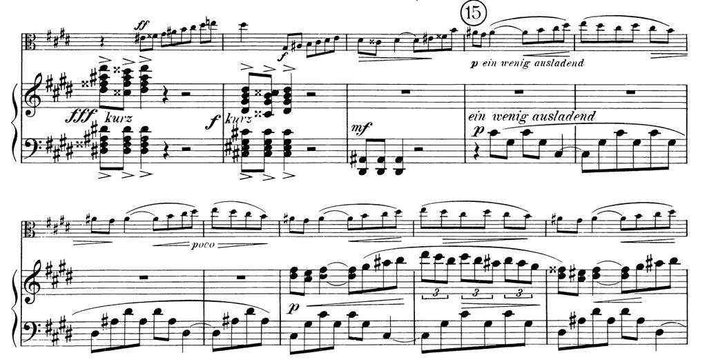 Figuru razrađuje viola, a klavir harmonijski podupire konstantne promjene tonike. Slika 3.8. Početak III.