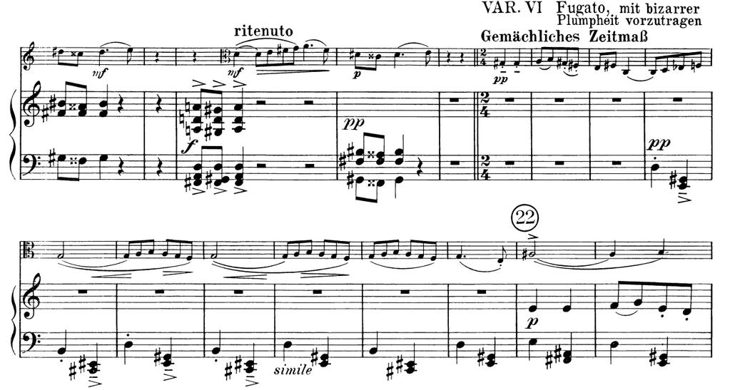 Šesta varijacija izbjegava funkcionalnu harmoniju koju uho može slijediti, a temu Hindemith tretira fugalno.