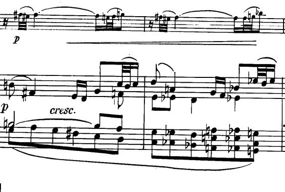 Stavak započinje izjavom koju iznosi viola (I. subjekt). U taktu 16, klavir (II.