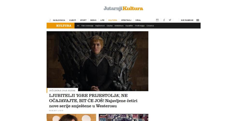 Slika 4. Izgled rubrike Kultura na portalu Jutarnji.hr (izvor: https://www.jutarnji.hr/kultura/, pristupljeno 7. svibnja 2017.) 7.4. Večernji.hr Večernji list osnovan je 1959.