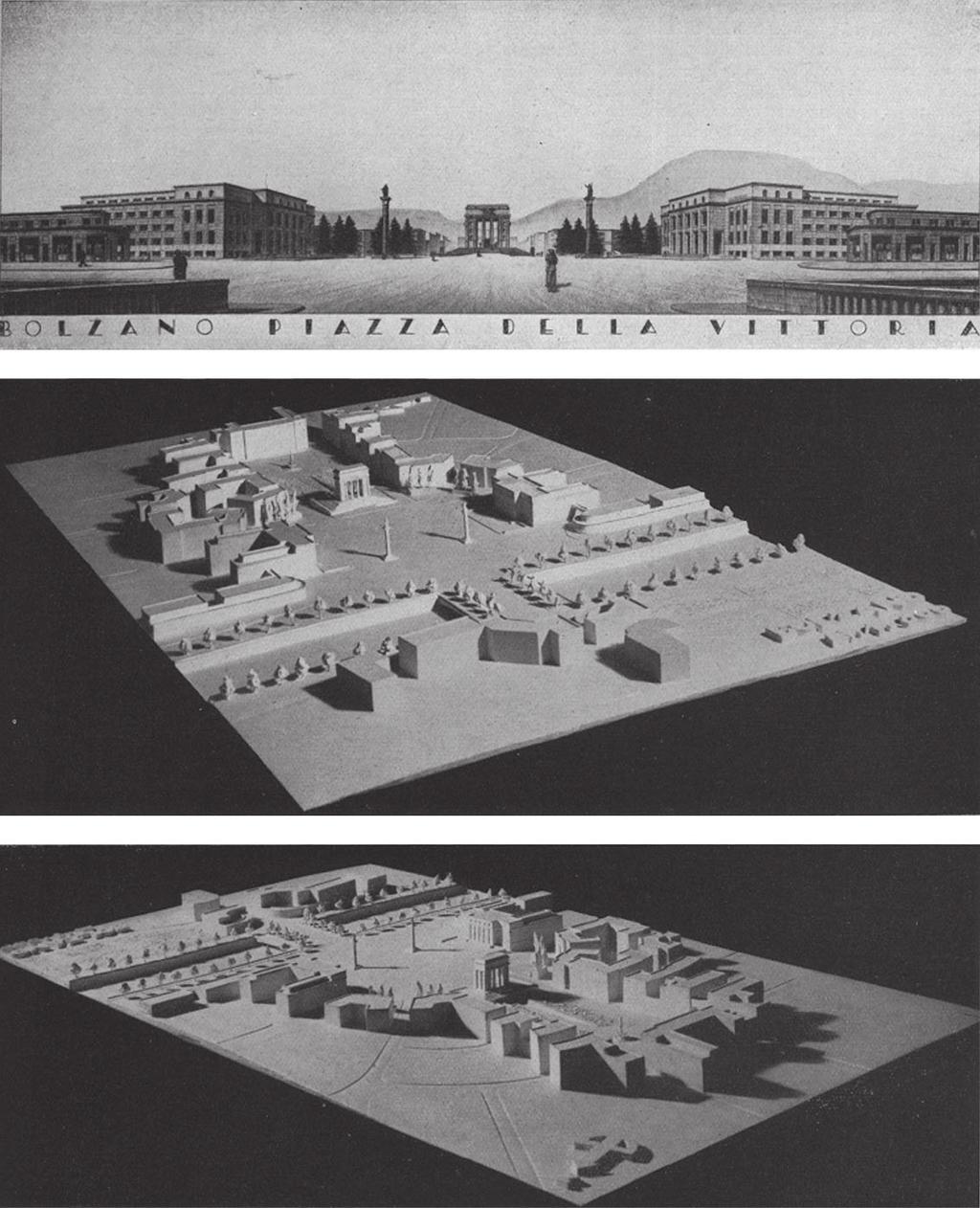 Piacentini: Piazza della Vittoria in Bolzano, perspective drawing of east approach to the square and two photographs of the project model ili su to bili elementi potrebni u definiciji graappleevnoga