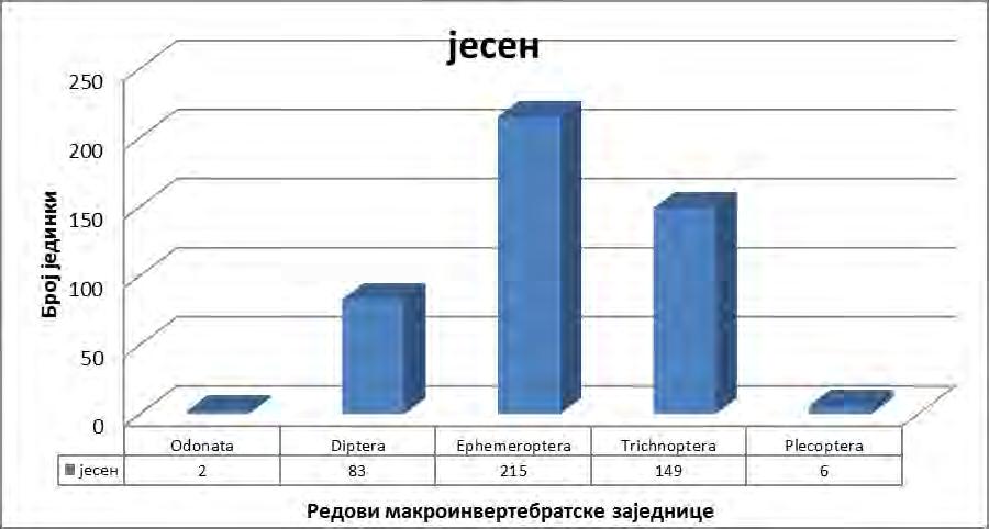 Графикон 3 Састав макроивертебратске заједнице у јесењем периоду Укупан број пронађених јединки у јесењем периоду је 455.