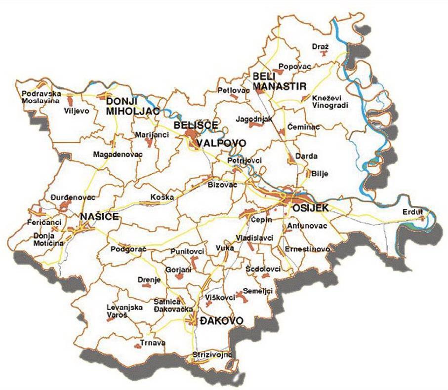 Slika 2.: Osječko-baranjska županija s gradovima Izvor: http://os-drftudjman-beli-manastir.skole.hr/upload/os-drftudjman-belimanastir/images/multistatic/45/image/osjecko-baranjska.