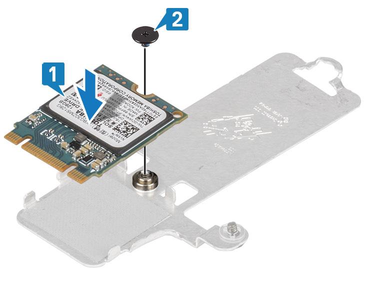 3 Poravnajte urez na SSD pogonu s jezičkom na utoru SSD pogona. 4 Pogurnite i umetnite jezičac SSD pogona u utor SSD pogona [1].