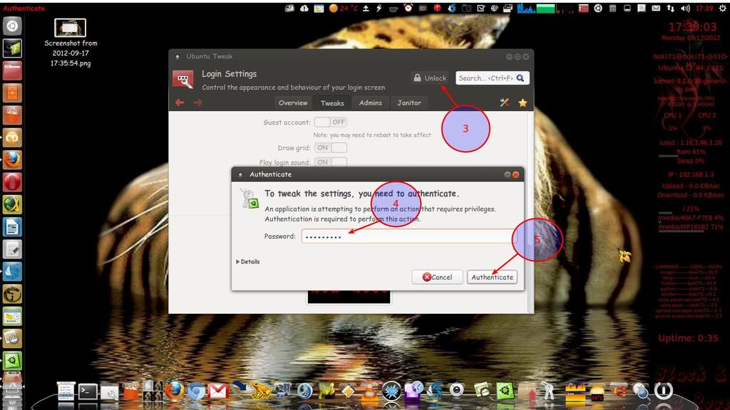 Kliknite misem zatim na Unlock...broj 3,zatim u novootvorenom prozoru upisitevasu Ubuntu sifru...broj 4 i kliknite misem na dugme Authenticate.