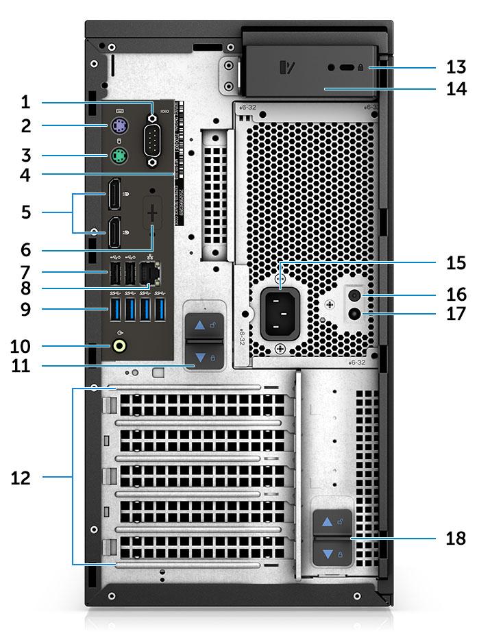 Prikaz sa zadnje strane 1 Serijski port 2 PS2 port (tastatura) 3 PS2 port (miš) 4 Service Tag 5 DisplayPort X 2 6 Držač za opcionalne VGA, DP, HDMI, tip C priključne ploče 7 Dva USB-a 2.