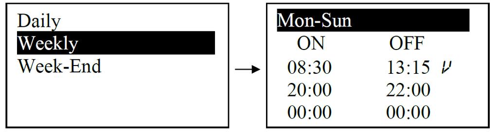 Vikend Program (Week-End) - bira se između dva perioda Ponedeljak Petak ( Monday Friday ) i Subota Nedelja ( Saturday Sunday ). Za oba perioda postoje po tri vremenska opsega za podešavanje. 1.2.