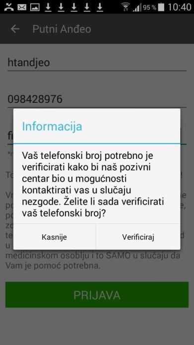Verifikacija broja telefona U funkciji Moj profil broj telefona koji ste upisali prilikom prijave stoji poruka Nije verifikovan.