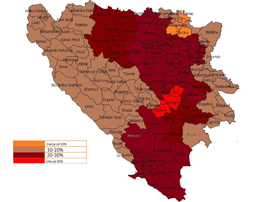 Slika 2: Stopa širokopojasnog pristupa po područjima BiH U nastavku slijedi prikaz odnosa broja dial-up i