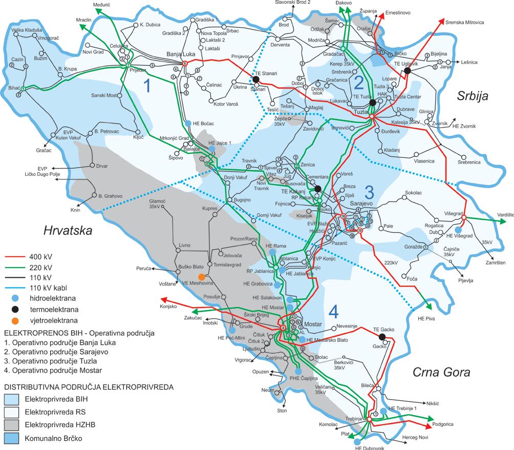 PRILOG B: Karta elektroenergetskog sistema Bosne i Hercegovine sa operativnim područjima Elektroprijenosa