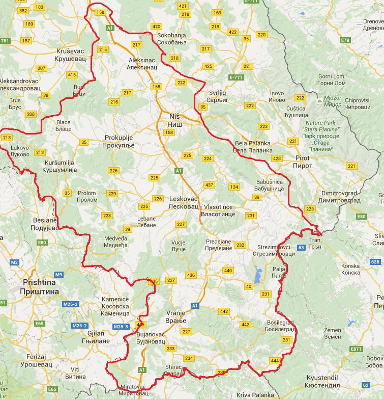 Слика бр 13. Мрежа насеља Јужног Поморавља Извор:https://www.google.rs/maps/search/gradovi+juzno+pomoravlje/@43.047022, 21.3412611,9z Ниш (257.