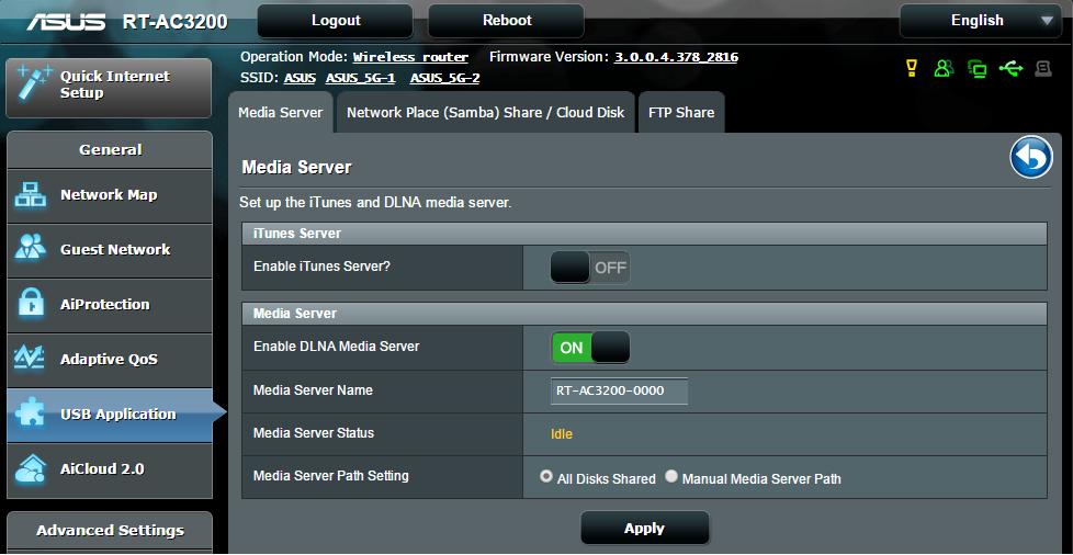 3.5.2 Korišćenje serverskog centra Serverski centar vam omogućava da delite multimedijalne datoteke sa USB diska putem direktorijuma Server za multimediju, Samba usluge za deljenje ili FTP usluge za